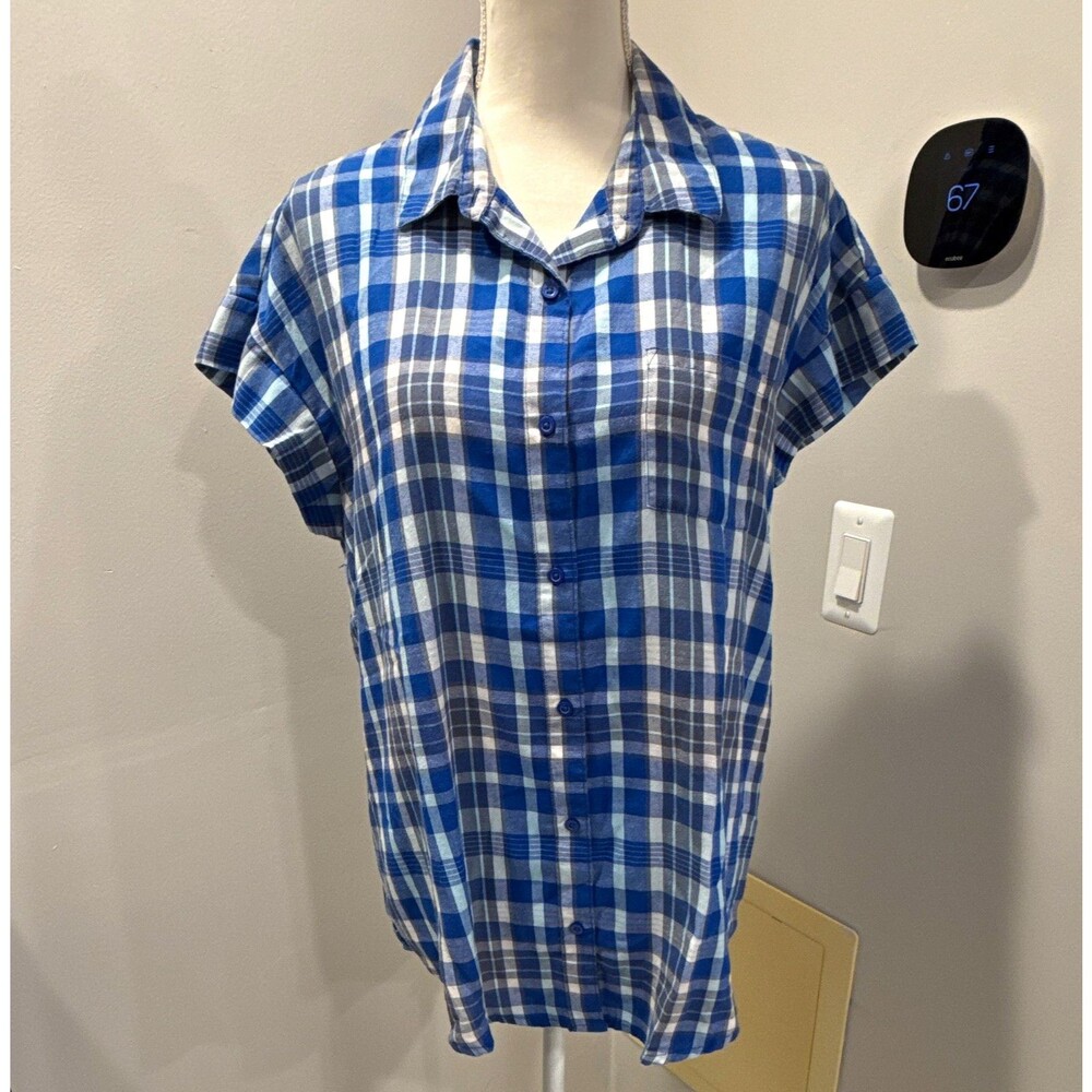 Riders by Lee Blue White Gray Plaid Short Sleeve Collared Button-Up Shirt L